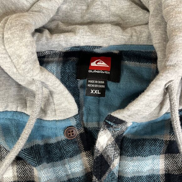 Quiksilver Hooded Flannel Shirt Mens XXL Blue Black Plaid Shacket Button Surf - Picture 5 of 11
